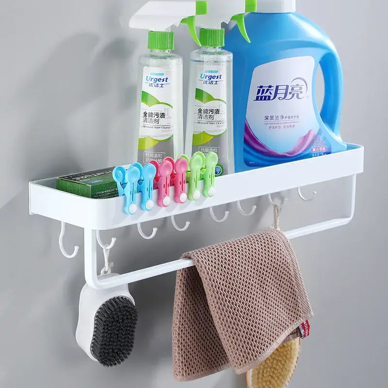 Modern white plastic corner shelf with towel bar kitchen storage