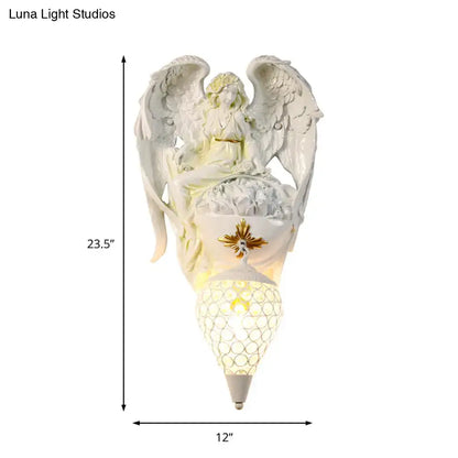 Modern white resin angel wall light with crystal shade bedroom
