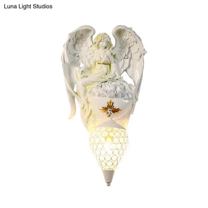 Modern white resin angel wall light with crystal shade bedroom