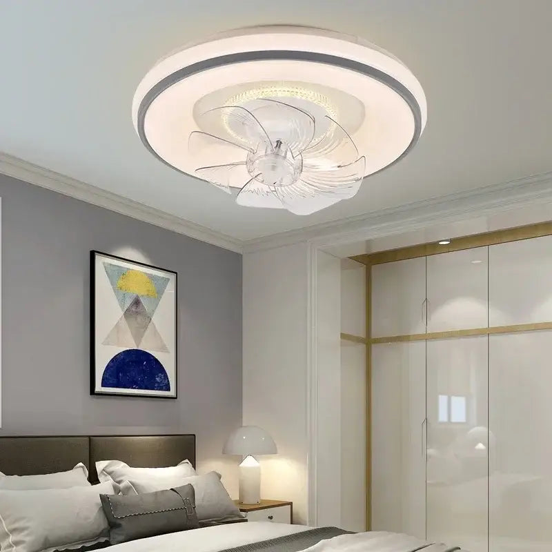 Modern white & silver led ceiling fan living room invisible blades
