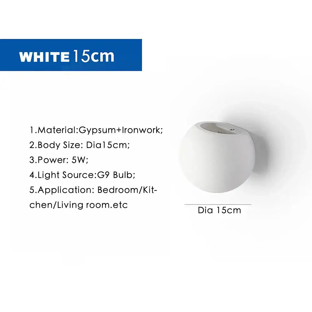 Modern white spherical gypsum led wall lamp bedroom sconce