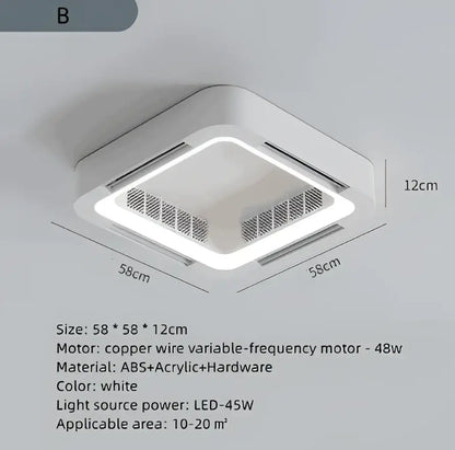 Modern white square bladeless ceiling fan light for bedroom