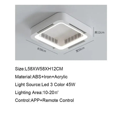Modern white square bladeless ceiling fan light for bedroom