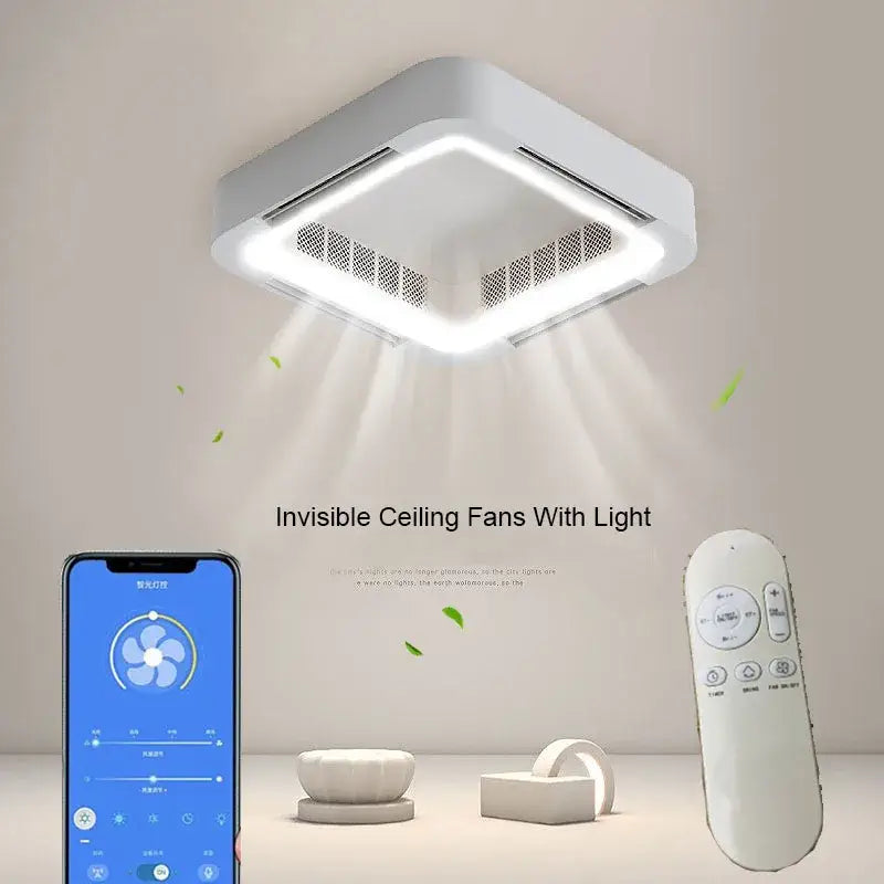 Modern white square bladeless ceiling fan light for bedroom