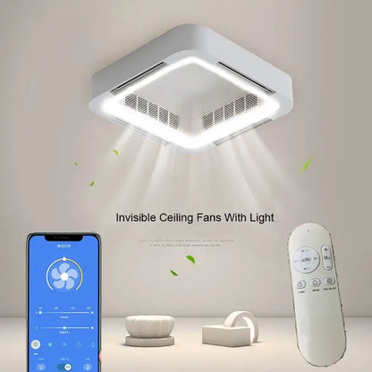 Modern white square bladeless ceiling fan light for bedroom