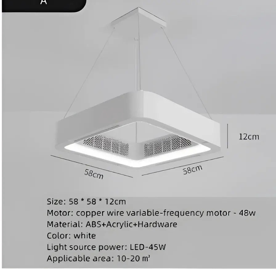 Modern white square bladeless ceiling fan light for bedroom