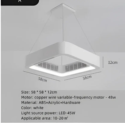 Modern white square bladeless ceiling fan light for bedroom