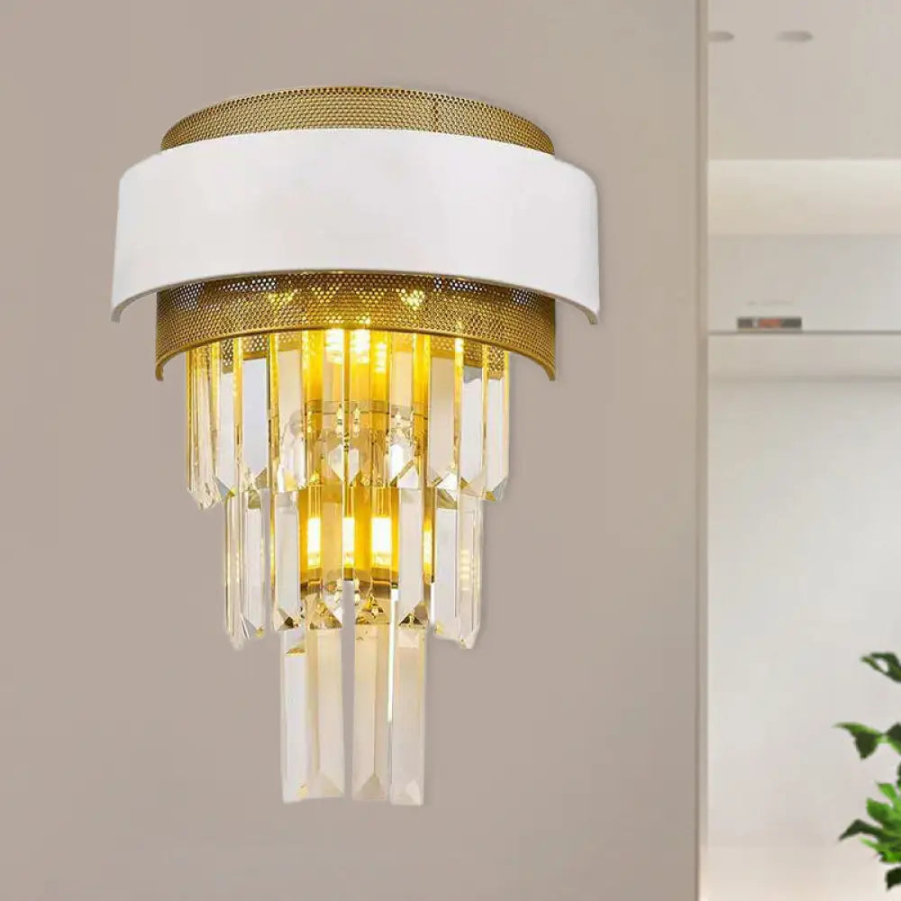 DecorBites™ Modern White Square/Round Crystal Prisms Wall Sconce with Gold Mesh