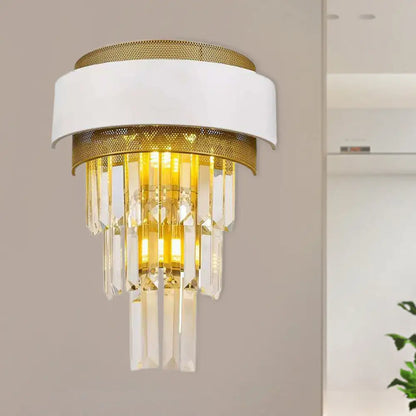 DecorBites™ Modern White Square/Round Crystal Prisms Wall Sconce with Gold Mesh