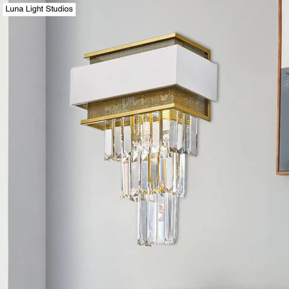 DecorBites™ Modern White Square/Round Crystal Prisms Wall Sconce with Gold Mesh