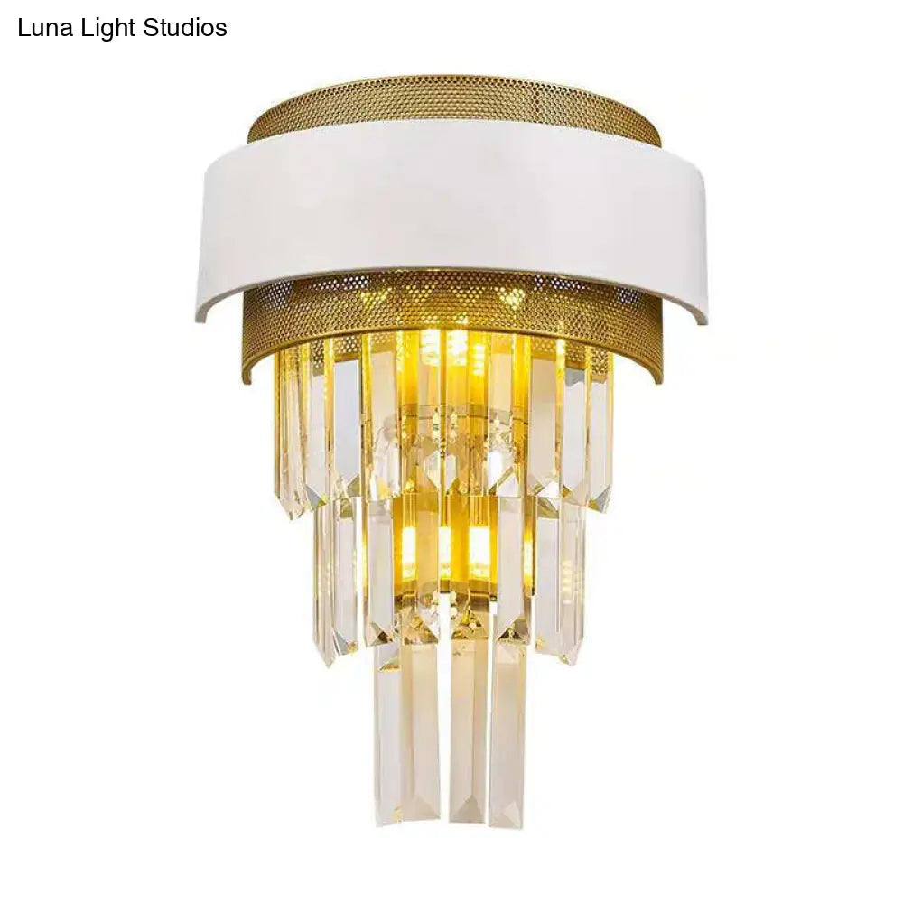 DecorBites™ Modern White Square/Round Crystal Prisms Wall Sconce with Gold Mesh