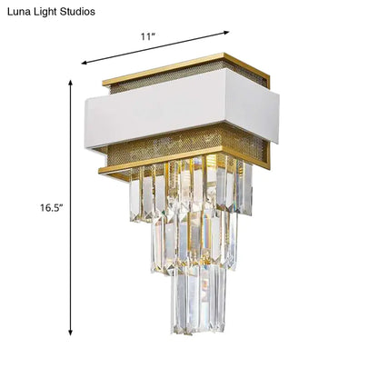 DecorBites™ Modern White Square/Round Crystal Prisms Wall Sconce with Gold Mesh