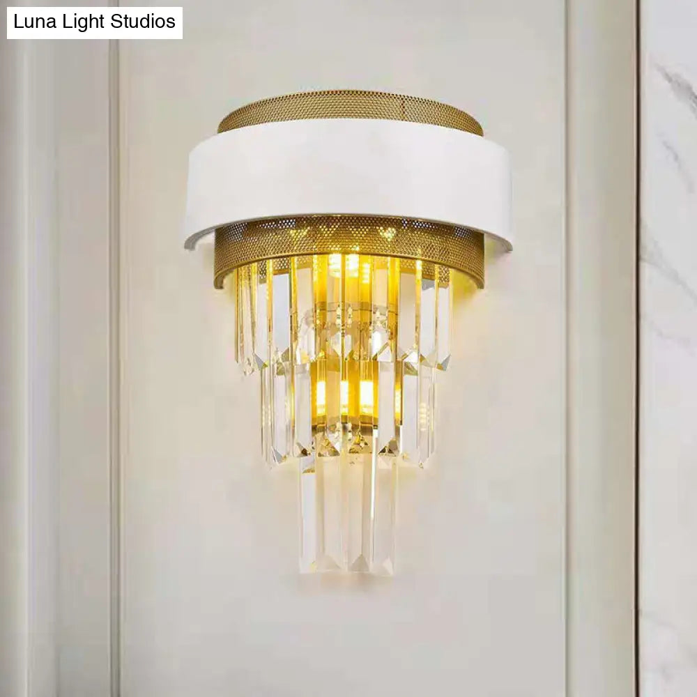 DecorBites™ Modern White Square/Round Crystal Prisms Wall Sconce with Gold Mesh