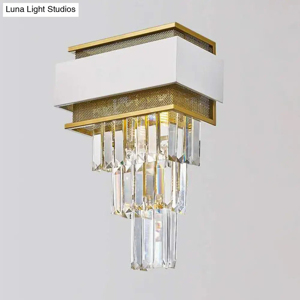 DecorBites™ Modern White Square/Round Crystal Prisms Wall Sconce with Gold Mesh
