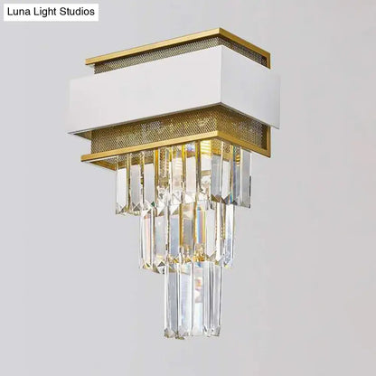 DecorBites™ Modern White Square/Round Crystal Prisms Wall Sconce with Gold Mesh