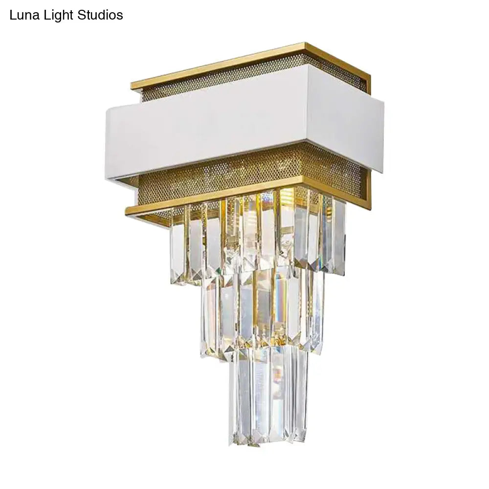 DecorBites™ Modern White Square/Round Crystal Prisms Wall Sconce with Gold Mesh