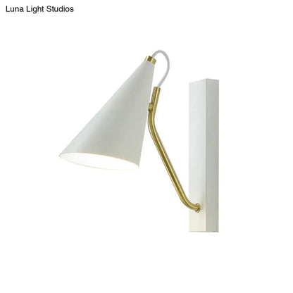Modern white wall lamp with gold arm – bedroom conical sconce