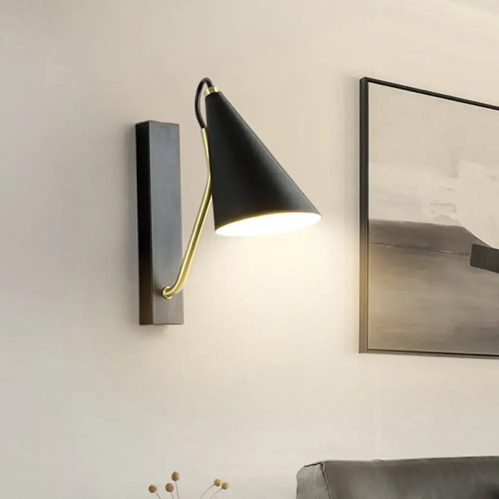Modern white wall lamp with gold arm – bedroom conical sconce