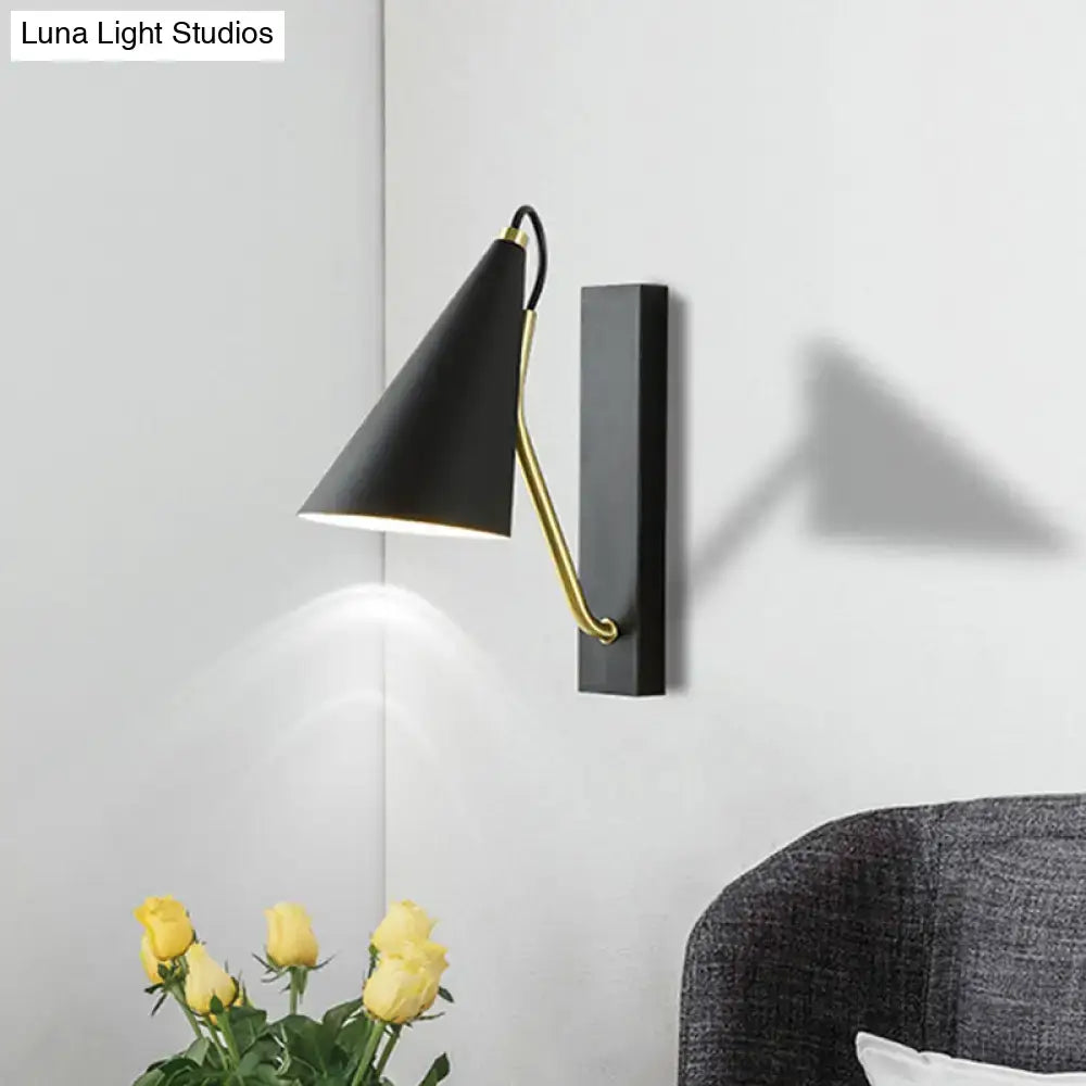 Modern white wall lamp with gold arm – bedroom conical sconce