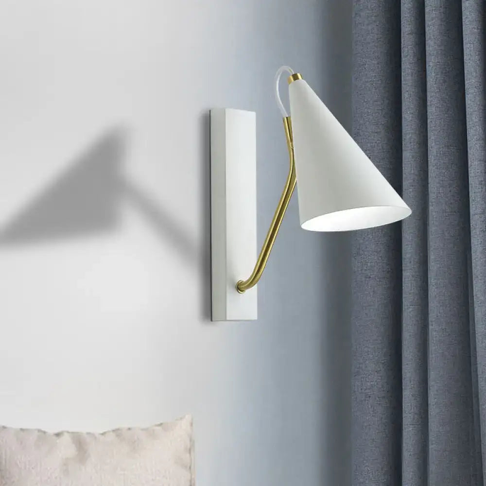 Modern white wall lamp with gold arm – bedroom conical sconce