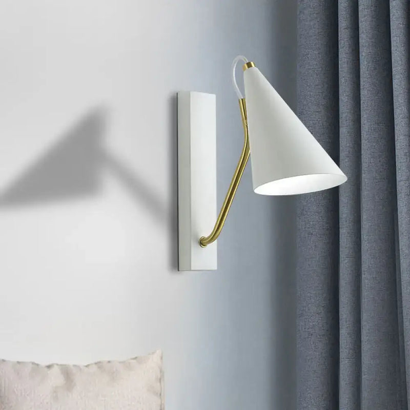 Modern white wall lamp with gold arm – bedroom conical sconce