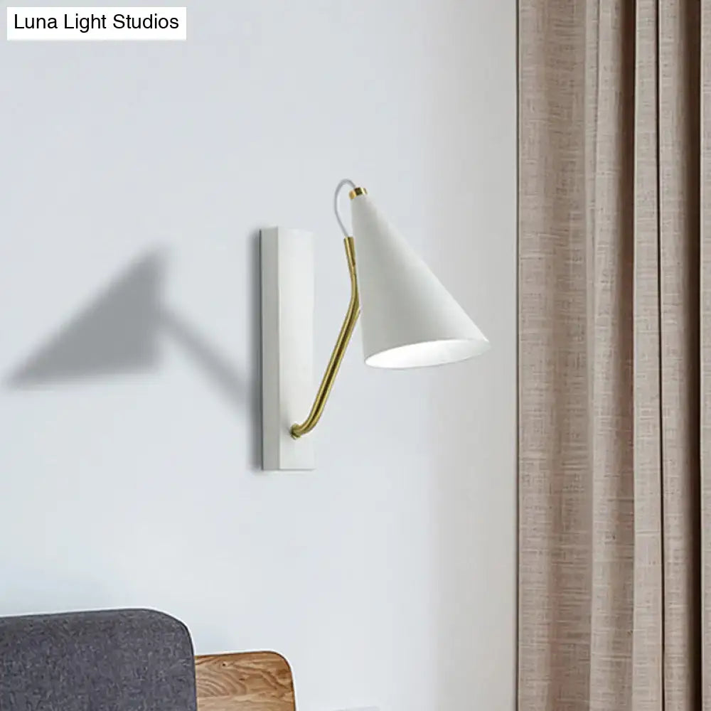 Modern white wall lamp with gold arm – bedroom conical sconce