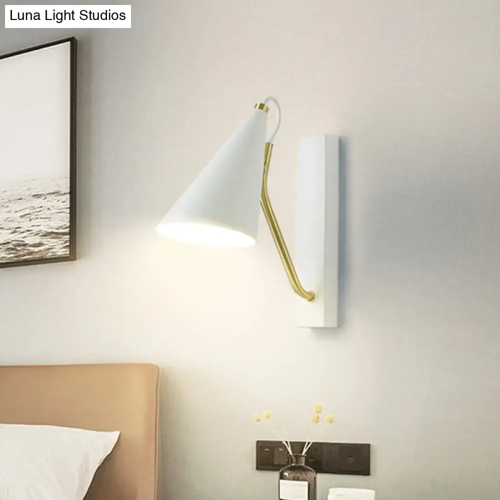 Modern white wall lamp with gold arm – bedroom conical sconce