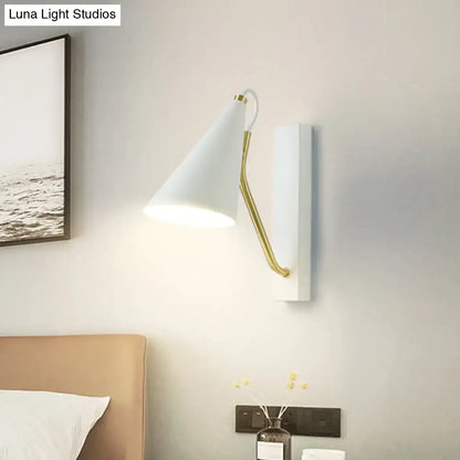 Modern white wall lamp with gold arm – bedroom conical sconce