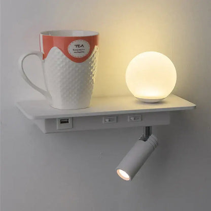 Modern white wall lamp with usb charging – bedroom shelf light
