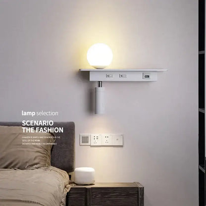 Modern white wall lamp with usb charging – bedroom shelf light