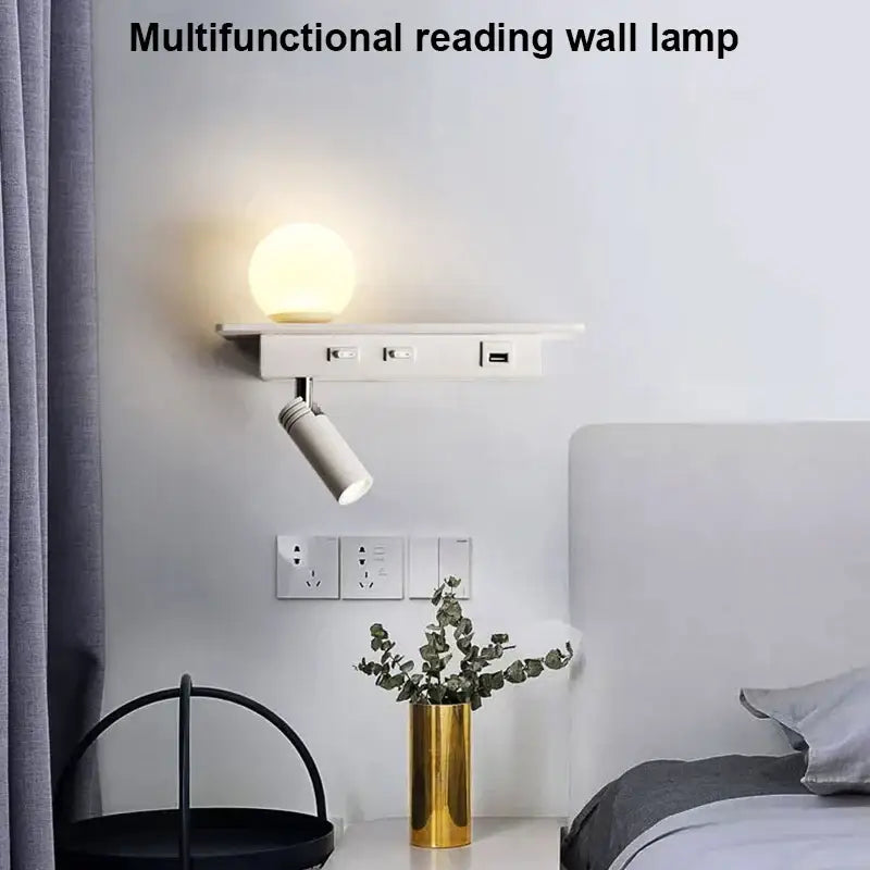 Modern white wall lamp with usb charging – bedroom shelf light