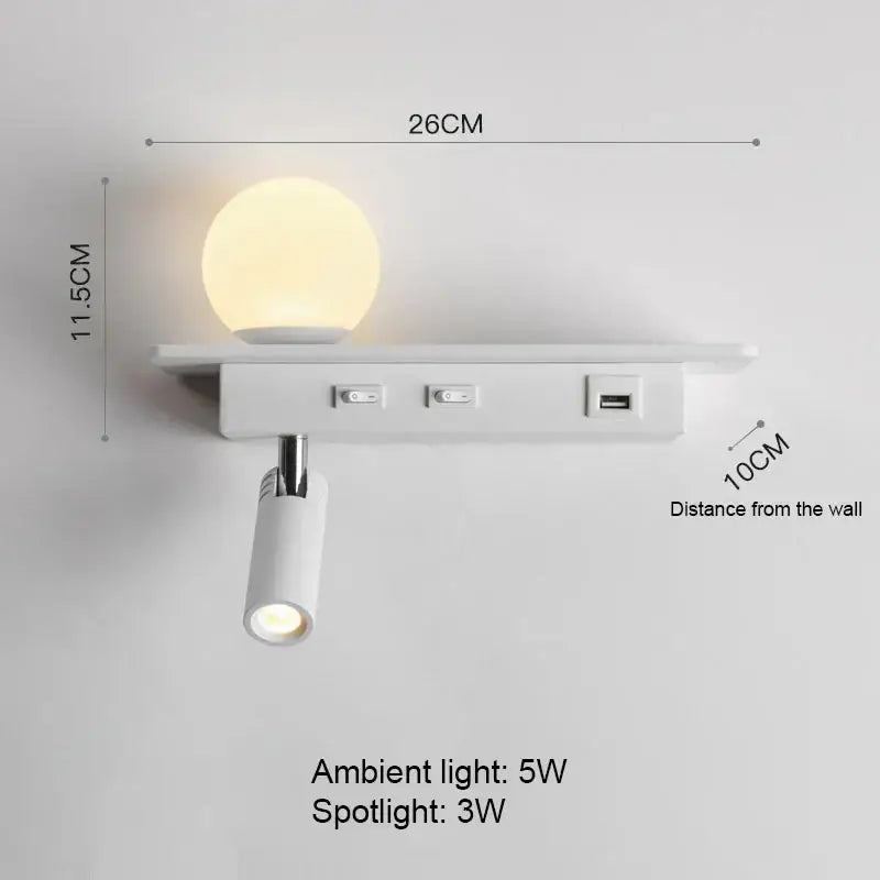 Modern white wall lamp with usb charging – bedroom shelf light