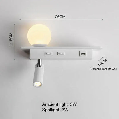 Modern white wall lamp with usb charging – bedroom shelf light