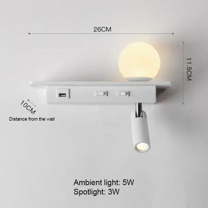Modern white wall lamp with usb charging – bedroom shelf light