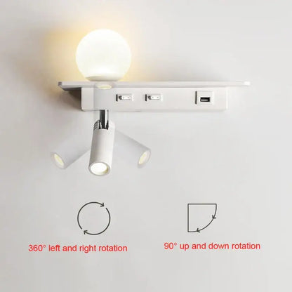 Modern white wall lamp with usb charging – bedroom shelf light