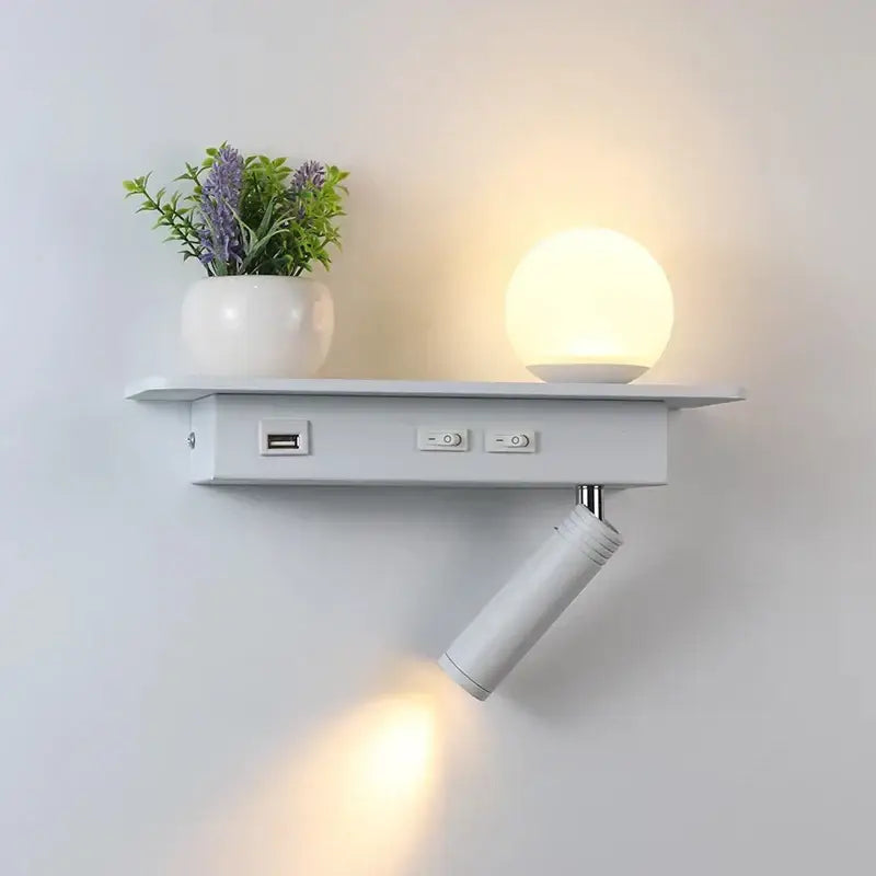 Modern white wall lamp with usb charging – bedroom shelf light