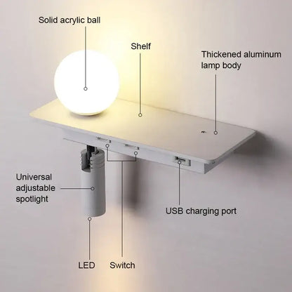 Modern white wall lamp with usb charging – bedroom shelf light