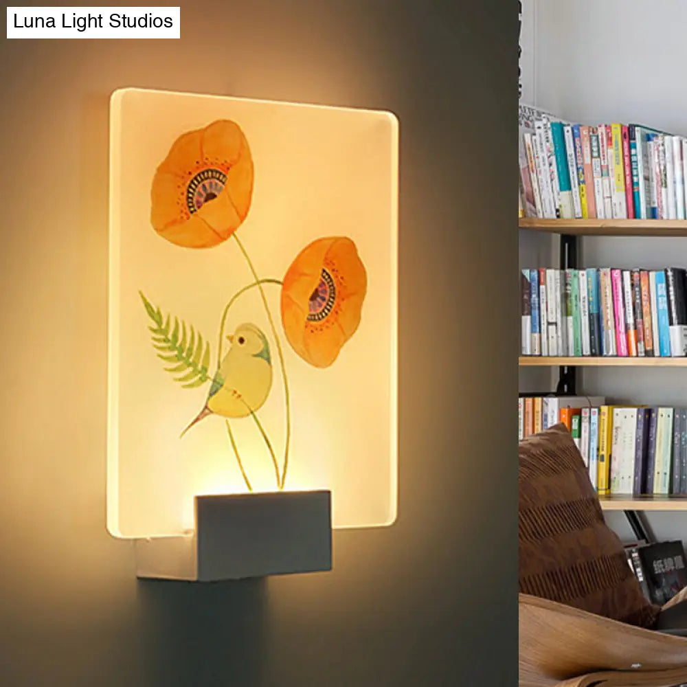 DecorBites™ Modern White Wall Mounted Lamp with Corner LED Mural Lighting and Patterned Acrylic Shade – Flower/Bird Design
