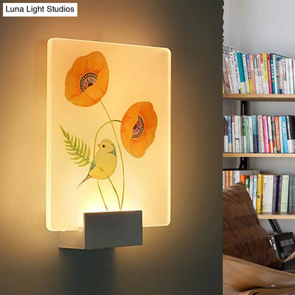 DecorBites™ Modern White Wall Mounted Lamp with Corner LED Mural Lighting and Patterned Acrylic Shade – Flower/Bird Design