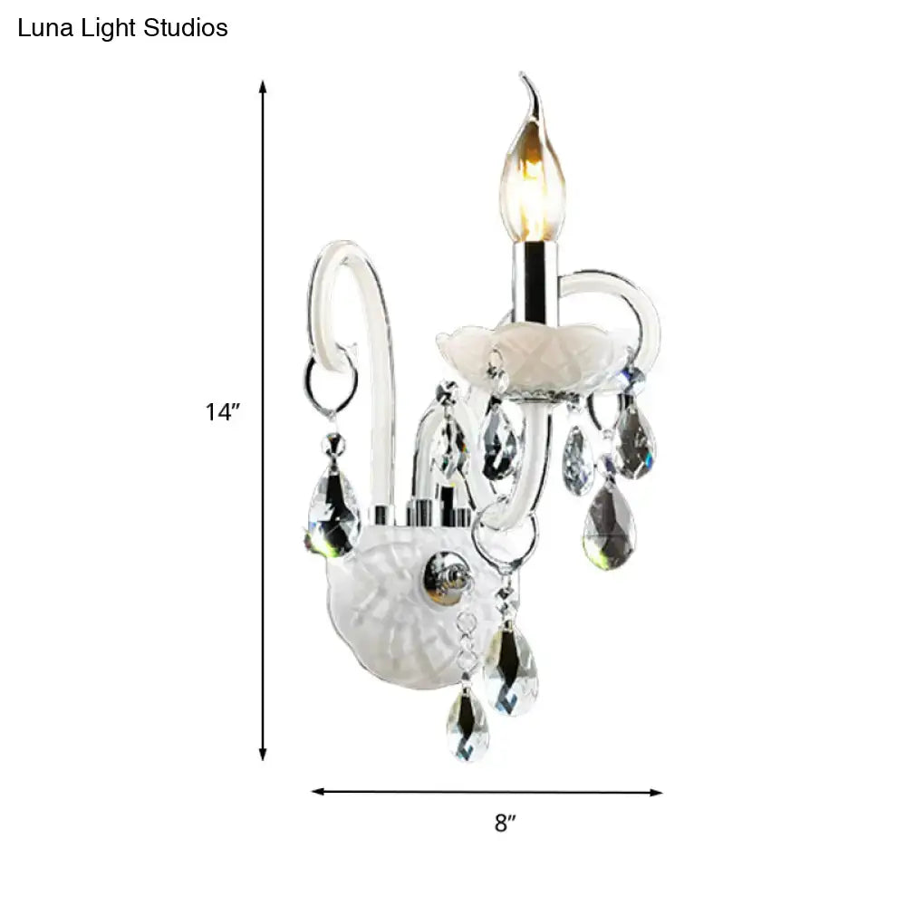 Modern white wall sconce light with teardrop crystal decoration living room