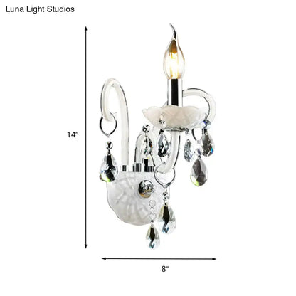 Modern white wall sconce light with teardrop crystal decoration living room