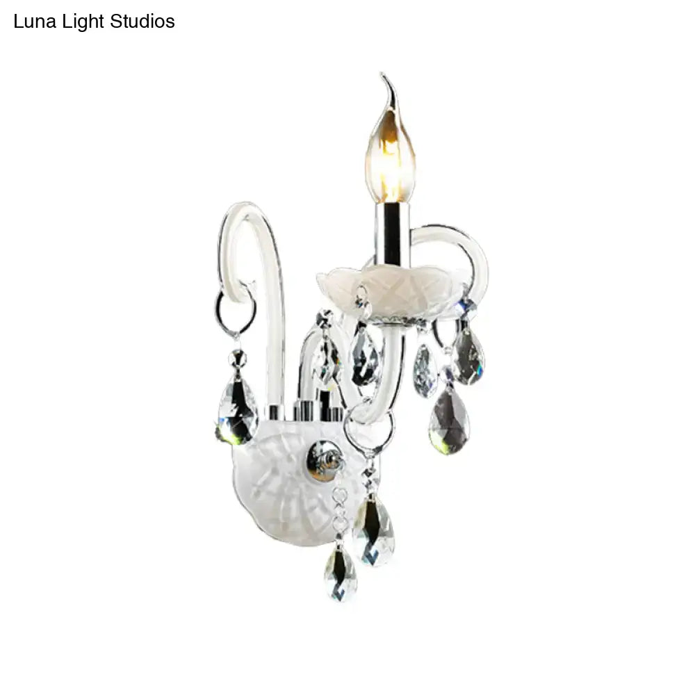 Modern white wall sconce light with teardrop crystal decoration living room