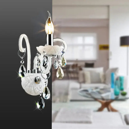 Modern white wall sconce light with teardrop crystal decoration living room