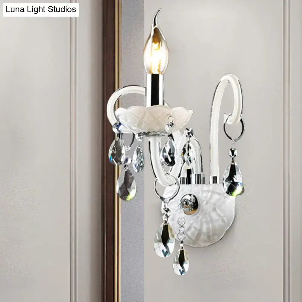 Modern white wall sconce light with teardrop crystal decoration living room