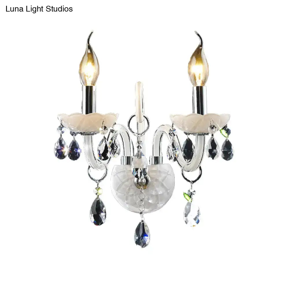 Modern white wall sconce light with teardrop crystal decoration living room