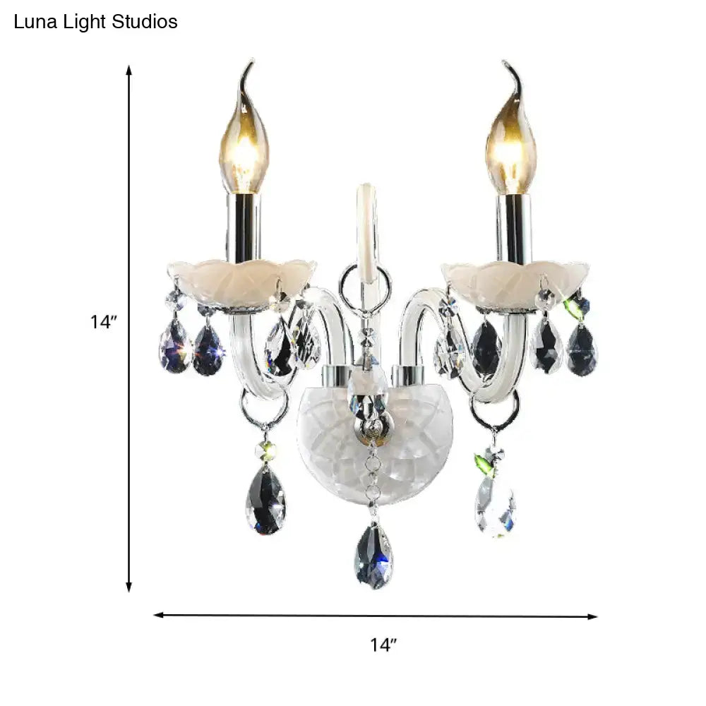 Modern white wall sconce light with teardrop crystal decoration living room