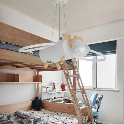 Modern white & wood cartoon deer led pendant light kids bedroom