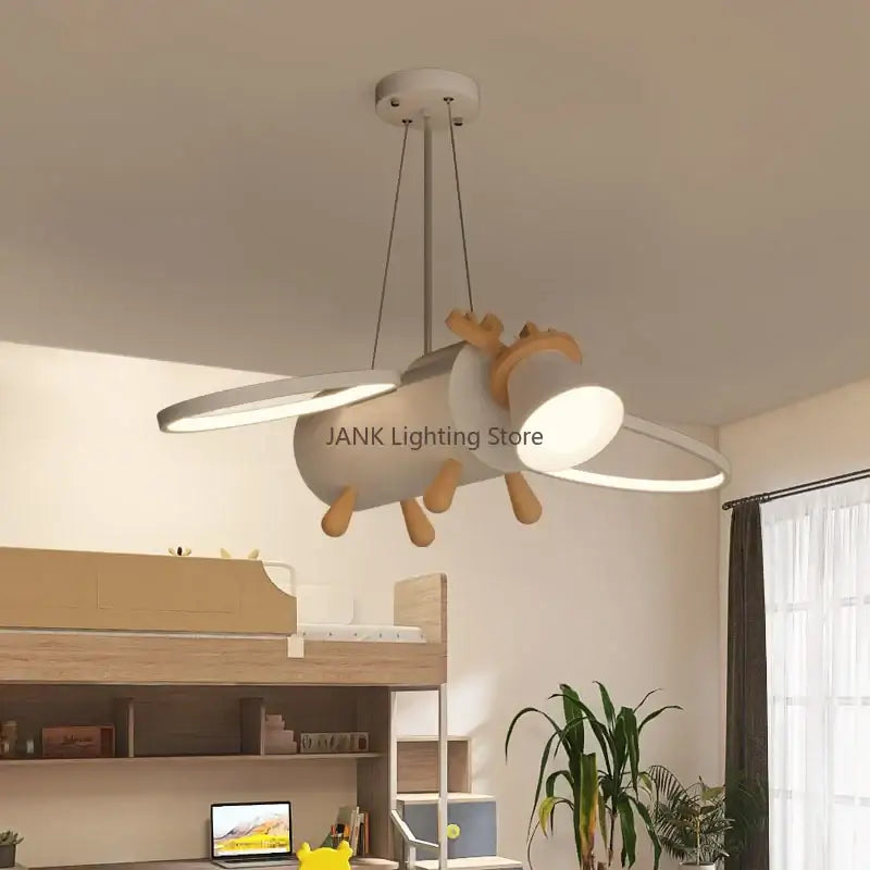 Modern white & wood cartoon deer led pendant light kids bedroom