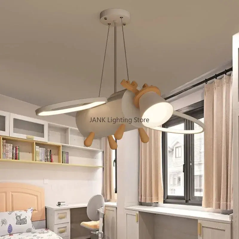 Modern white & wood cartoon deer led pendant light kids bedroom
