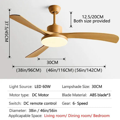 Modern wood 56 inch 3-leaf fan light with remote control dining room